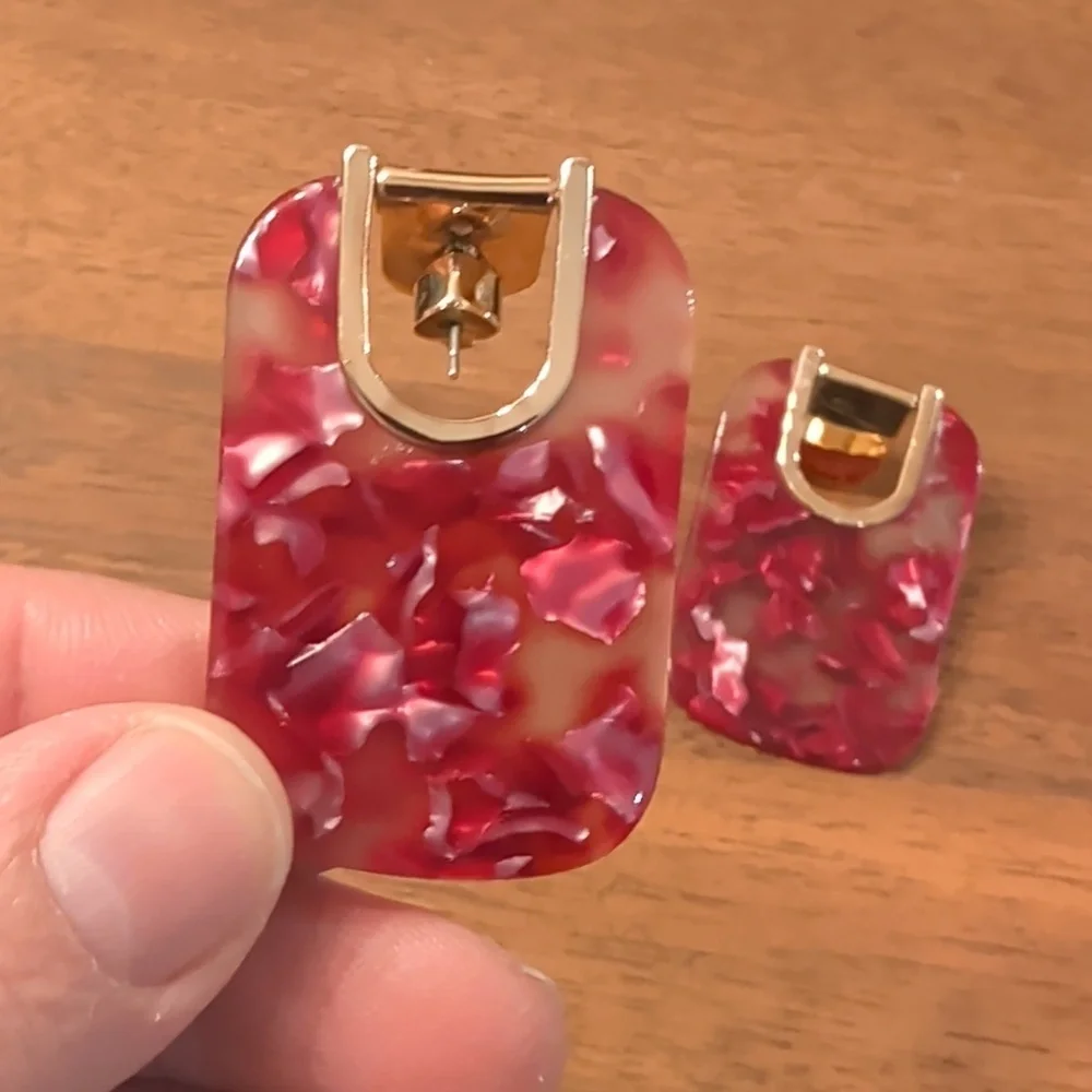 Kate Spade Red Speckle Acrylic Rectangle Drop Red and Gold Statement Earrings